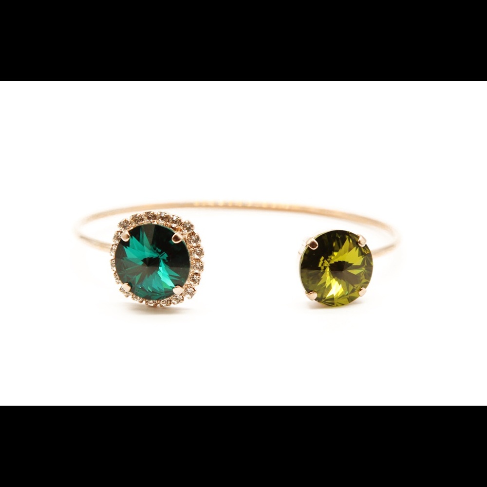 Gold Open Cuff Bracelet | Emerald Olive Crystal Halo Bangle | Statement Jewelry - Picture 2 of 4